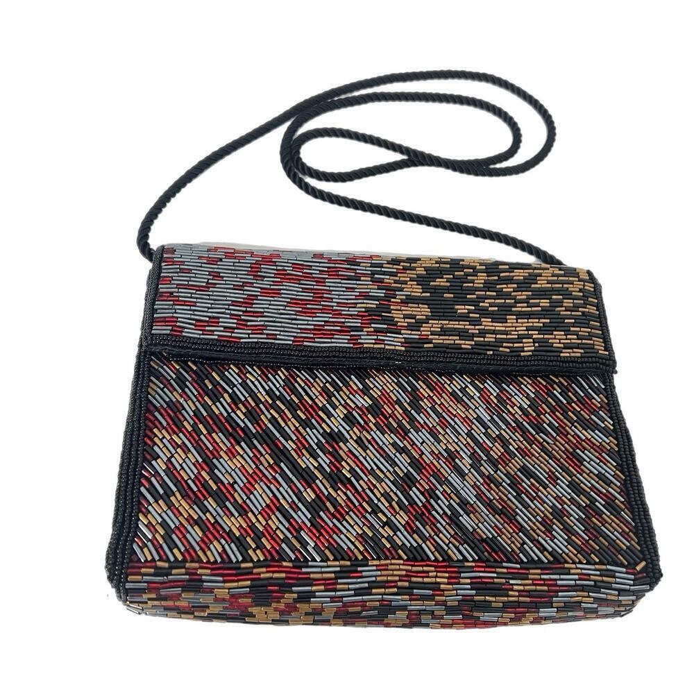 Vintage Beaded Bag Black Red Clutch Shoulder Strap 90’s Y2K